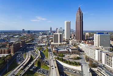 Elevated view over Interstate 85 passing the Midtown Atlanta skyline, Atlanta, Georgia, United States of America, North America