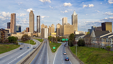 Elevated view over Freedom Parkway and the Downtown Atlanta skyline, Atlanta, Georgia, United States of America, North America