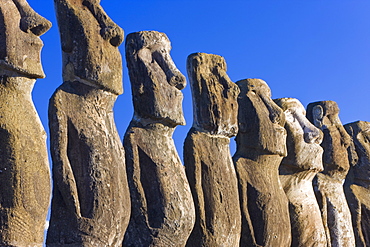 Ahu Tongariki, the largest ahu on the Island, Tongariki is a row of 15 giant stone Moai statues, Rapa Nui (Easter Island), UNESCO World Heritage Site, Chile, South America