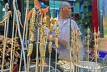 Scorpions, seahorses, starfish and other delicacies on skewers for sale at Wangfujing Street night market, Beijing, China, Asia