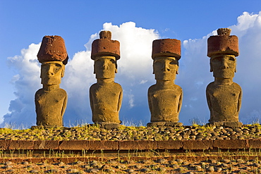 Anakena beach, monolithic giant stone Moai statues of Ahu Nau Nau, four of which have topknots, Rapa Nui (Easter Island), UNESCO World Heritage Site, Chile, South America