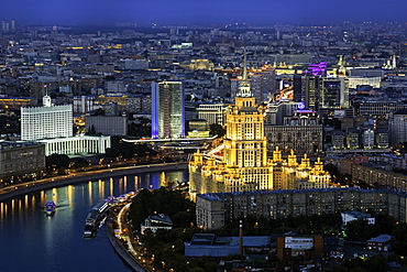 Elevated view over the Moskva River embankment, Ukraine Hotel and the Russian White House, Moscow, Russia, Europe