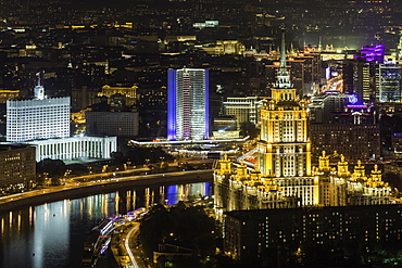 Elevated view over the Moskva River embankment, Ukraine Hotel and the Russian White House, Moscow, Russia, Europe