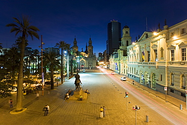 Elevated dusk view over Plaza de Armas to Santiago Cathedral, Santiago, Chile, South America