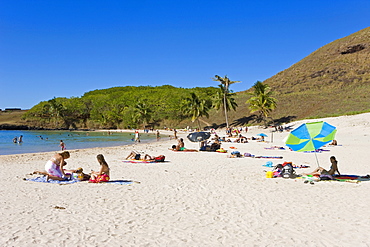 Anakena beach, the Island's white sand beach fringed by palm trees, Rapa Nui (Easter Island), Chile, South America