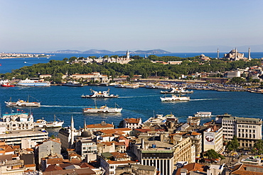 Elevated view over the Bosphorus and Sultanahmet from the Galata Tower, Istanbul, Turkey, Europe