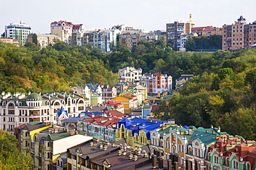 Elevated view over colourful buildings with multicolor roofs in a new residential area of Kiev, Ukraine, Europe