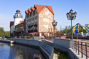 Fish Village, modern housing, hotel and restaurant development along the Pregolya River, Kaliningrad (Konigsberg), Russia, Europe