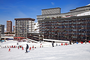 Les Menuires ski resort, 1800m, in the Three Valleys (Les Trois Vallees), Savoie, French Alps, France, Europe