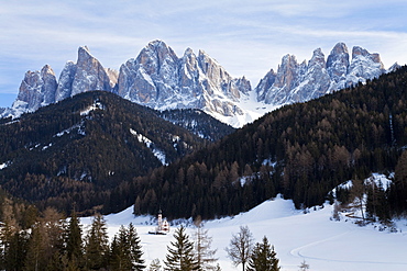 Winter landscape of St. Johann church in Ranui in Villnoss, Geisler Spitzen, 3060m, Val di Funes, Dolomites, Trentino-Alto Adige, South Tirol (Tyrol), Italy, Europe