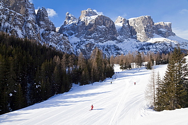 Sella Ronda ski area, Val Gardena, Sella Massif range of mountains under winter snow, Dolomites, South Tirol, Trentino-Alto Adige, Italy, Europe