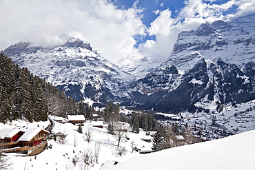 Grindelwald and the Wetterhorn mountain, Jungfrau region, Bernese Oberland, Swiss Alps, Switzerland, Europe