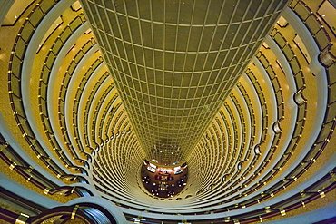 View taken from the 85th floor of the Jin Mao Building looks down to the 55th floor, Atrium of the Grand Hyatt Hotel, Pudong, Shanghai, China, Asia