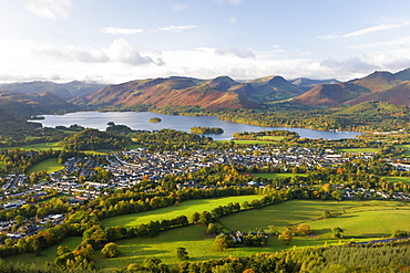 View over Keswick and Derwent Water from the Skiddaw Range, Lake District National Park, Cumbria, England, United Kingdom, Europe