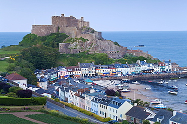 Mount Orgueil Castle, overlooking Grouville Bay in Gorey, Jersey, Channel Islands, United Kingdom, Europe