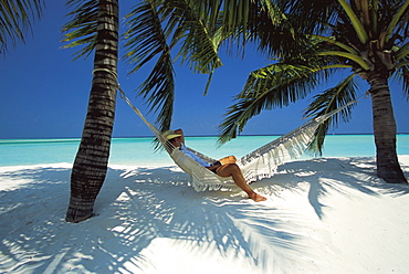 Man relaxing on a beachside hammock, Maldives, Indian Ocean, Asia