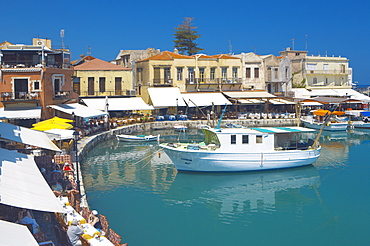 Old port and restaurants, Rethymnon, Crete, Greek Islands, Greece, Europe