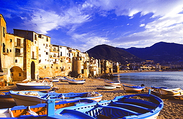 Fishing boats on the beach, Cefalu, Sicily, Italy, Mediterranean, Europe