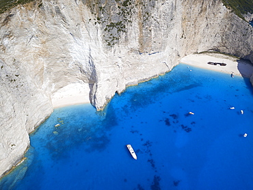 Aerial view of Navagio Beach and shipwreck at Smugglers Cove on the coast of Zakynthos, Ionian Islands, Greek Islands, Greece, Europe