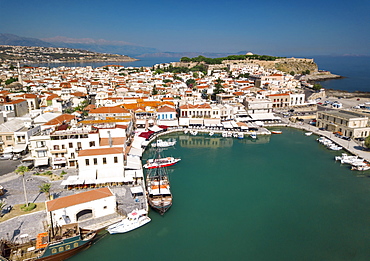 Aerial view of Rethymno old town, Venetian Harbour and fortress, Crete Island, Greek Islands, Greece, Europe (Drone)