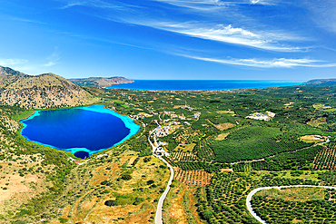 Lake Kournas with view to Georgioupoli, Crete, greece aerial view