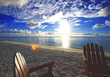 Two deckchairs on the beach at sunset, Maldives, Indian Ocean, Asia