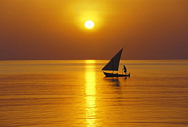 Traditional dhoni sailing at sunset, Maldives, Indian Ocean, Asia