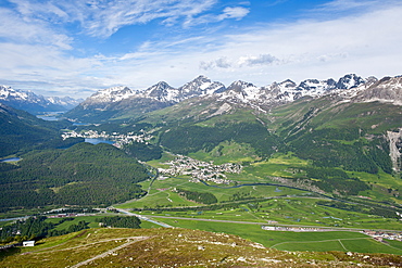 View of Celerina and St. Moritz from top of Muottas Muragl, Switzerland, Europe