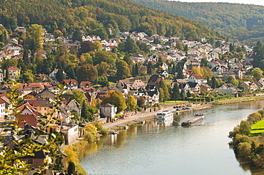 View of the Neckar River and Neckarsteinach from Hinterburg Castle, Hesse, Germany, Europe