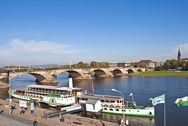 River boat on the Elbe River at the Augustus Bridge (Augustusbrucke), Dresden, Saxony, Germany, Europe