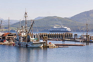 Cruise ship passing harbour, Alert Bay, British Columbia, Canada, North America