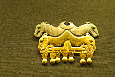 Gold artifacts in Cao Museum in the El Brujo Archaeological Complex near Trujillo, Peru, South America