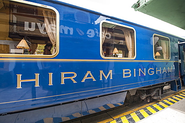 Hiram Bingham train at the Ollanta Train station in Ollantaytambo, Sacred Valley, Peru. South America