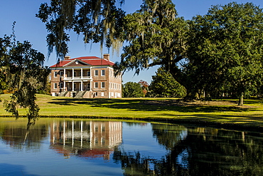 Spanish moss covered tree and the Drayton Hall Georgian plantation house, Charleston, South Carolina, United States of America, North America