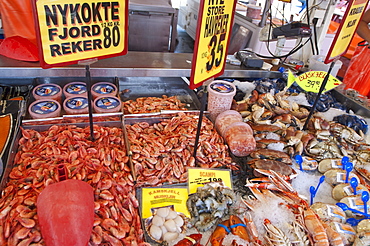 Shopping for shrimp at the market, Bergen, Norway, Scandinavia, Europe