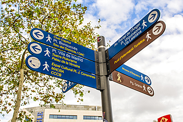 Street sign directions, Barcelona, Catalonia, Spain, Europe