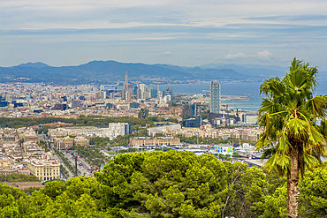 Views of the city from Montjuic Castle old military fortress on Montjuic Mountain overlooking the city, Barcelona, Catalonia, Spain, Europe