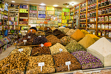 Spices and dry goods in the shops along narrow cobblestone streets of Kasbah in Bab Al Fahs, old Medina, Tangier, Morocco, North Africa, Africa