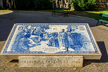 Outorga do foral tile marking the city charter in 1266, faro, algarve, portugal, europe.