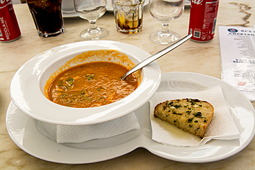 Seafood chowder at beach bar restaurant on Praia do Almargem, near Vale do Lobo, Quarteira, Faro District, Algarve, portugal, europe