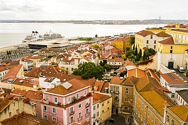 Seabourn Sojourn at the Main cruise terminal and docks, Alfama district,, Lisbon, Portugal.