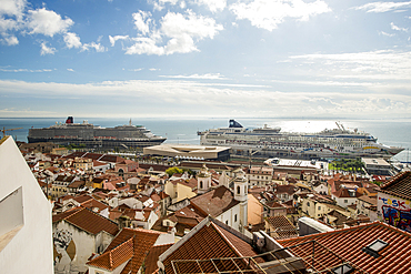 Norwegian Dawn and Cunard Queen Victoria at Main cruise terminal and docks, Alfama district,, Lisbon, Portugal.