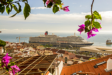 Cunard Queen Victoria cruise ship at the Main cruise terminal and docks, Alfama district,, Lisbon, Portugal.