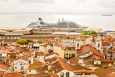 Seabourn Sojourn at the Main cruise terminal and docks, Alfama district,, Lisbon, Portugal.