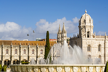 Fonte Luminosa de Belem in front of the Jeronimos Monastery, Empire Square, Belem district, Lisbon, Portugal.