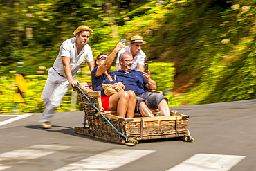 Carreiros guide a Monte Toboggan Ride wicker basket sled ride (Carreiros do Monte), Funchal, Madeira, Portugal.