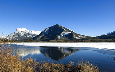 Reflection of Rocky Mountains in Vermilion Lakes in Banff National Park, UNESCO World Heritage Site, Alberta, Canada, North America