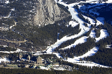 Views of the Chateau Lake Louise Hotel and Bow Valley from the top of Sulphur Mountain, Banff National Park, UNESCO World Heritage Site, Alberta, Canada, North America