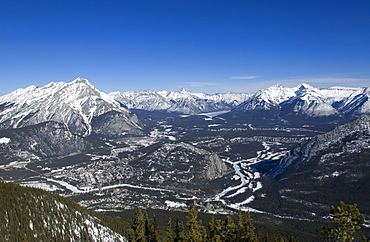 Views of Banff and the Bow Valley surrounded by the Rocky Mountains from the top of Sulphur Mountain, Banff National Park, UNESCO World Heritage Site, Alberta, Canada, North America