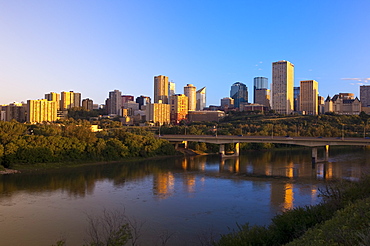 City at sunrise with the Saskatchewan River in foreground, Edmonton, Alberta, Canada, North America